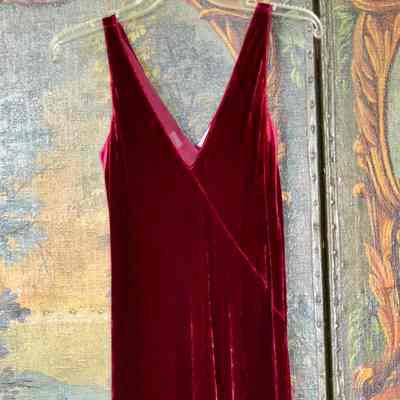 Rayon velvet sleeveless full length bias dress with V neck