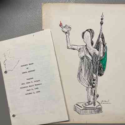 Program for Seventy Years of Ebell History Pageant with illustration by Mildred Zimmerman, 1965