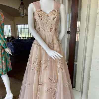 Sweetheart neckline ankle length ball gown with tulle straps and sequin embellishment, Pink Champagne