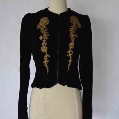 Zip front velvet jacket with gold embroidery appliques