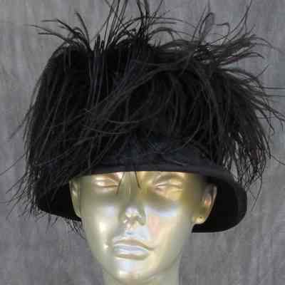 Rimmed black hat with feathers on crown