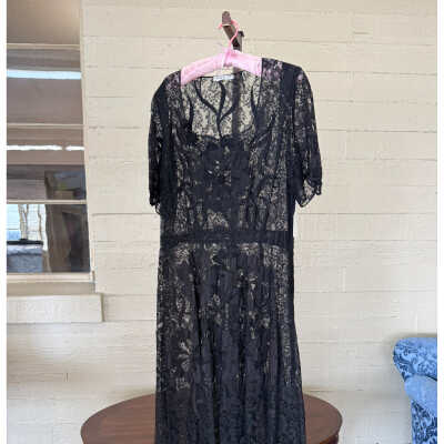 3PC- short sleeve full length lace overdress with spaghetti strap slip dress and belt