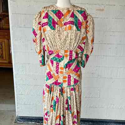 Multicolor printed crepe full length dress with metallic machine embroidery