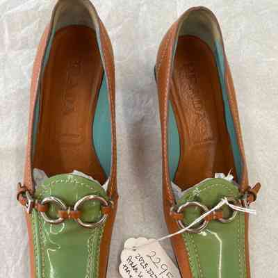 Shoes: Square Toe Tan Leather Pumps with Teal Patent Leather w/ Silver Circle + Buckle Accents