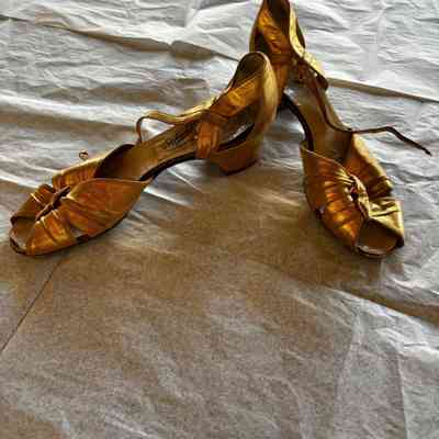 Shoes, Gold Low Heel Slide with Ankle Strap