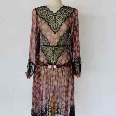 Floral print chiffon long sleeve dress with black lace trim