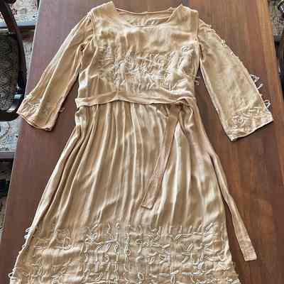 Beaded chiffon basque style dress with detachable sleeves, self belt