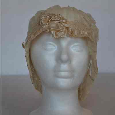 Pleated tulle boudoir cap with lace tatting trim