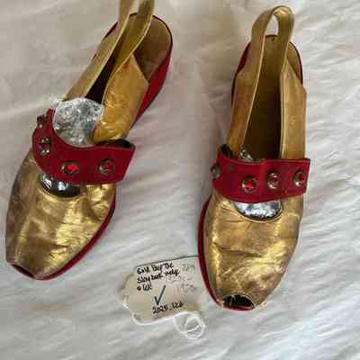 Gold Peep toed Sling Back Wedge w Red Trim + Red Studs