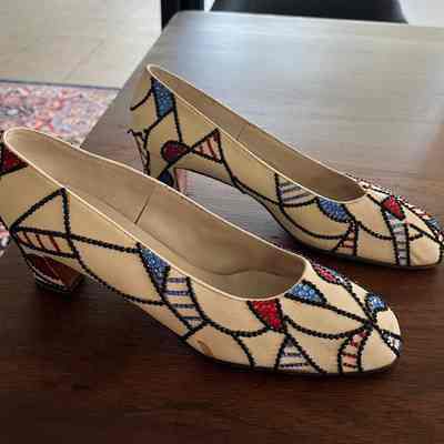White Silk Pumps with Red, Black + Blue Rhinestones/Crystals
