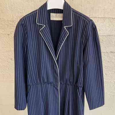 Navy pinstripe button down shirt dress with side pockets and piping
