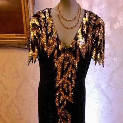 Short sleeve V neck floor length beaded evening dress with center front slit, gold sequin embellishment
