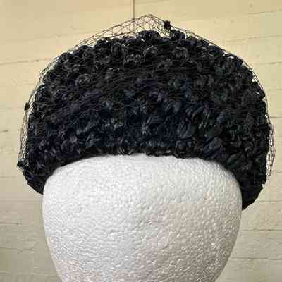 Hat, Pill Box Black Hat, Curled Straw with Black Net
