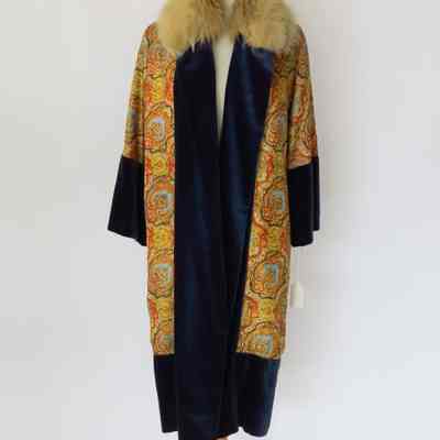 Multi-colored brocade evening coat with velvet cuffs and panels with fur collar