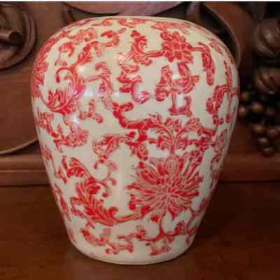 Pair of Chinese red/white floral ceramic jars