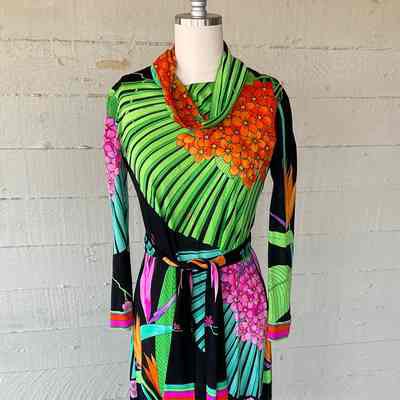 Cowl neck long sleeve print jersey dress with self belt