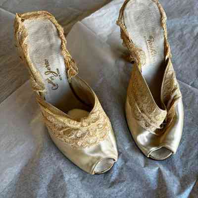 Shoe, Off White Satin with Lace at Heel and on Body