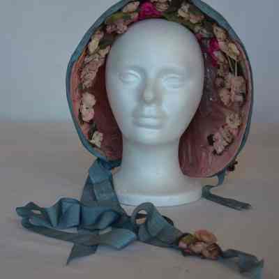 Hat - Stiff Bonnet with Flowers inside Brim and Ribbons on side