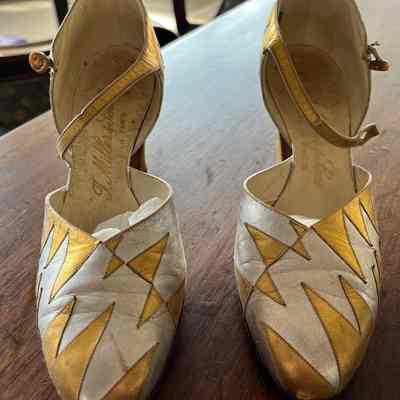 Leather Applique Ankle Strap Heels: Silver + Gold