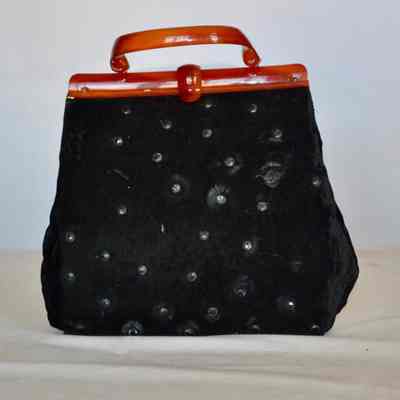 Velvet bag with possible Bakelite frame and strap, beaded front