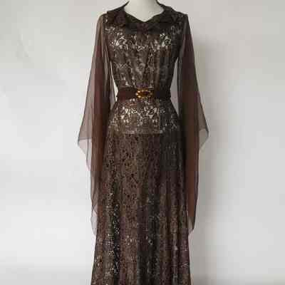 Lace full-length dress with chiffon sleeves and separate chiffon sash