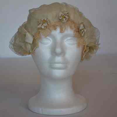 Hat - Tulle/Chiffon boudoir cap with Lace Trim and Ribbon Flowers