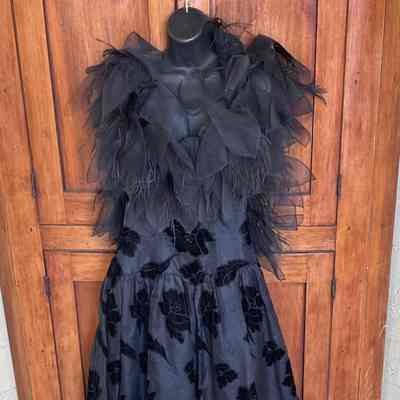 Sleeveless floral velvet appliqué and embroidered gown