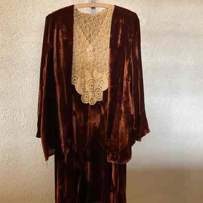 Silk velvet v-neck dress with lace bodice and matching velvet jacket