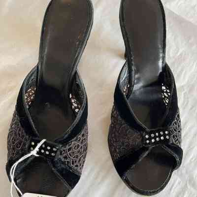 Guipure Lace Mules with Black Velvet Edge & Heel & Clear Rhinestones on Front + Heels