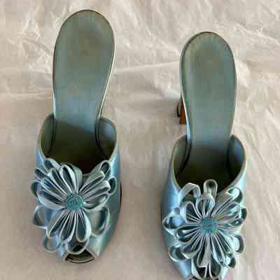 Light Blue Satin Heel Mules w Flower Applique