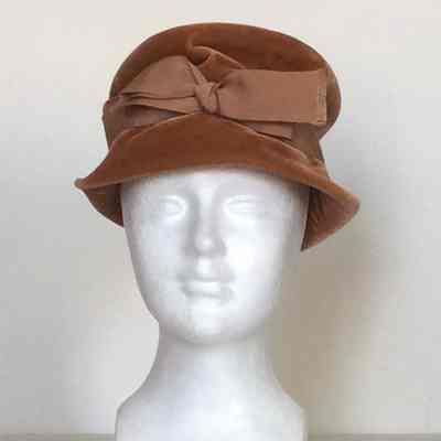 Velvet flower pot hat with gros grain hat band and front bow, small brim