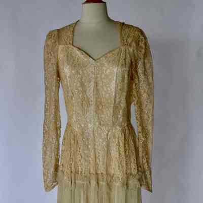 Long dress with sweetheart neckline, long sleeves, lace bodice and hips and netting skirt