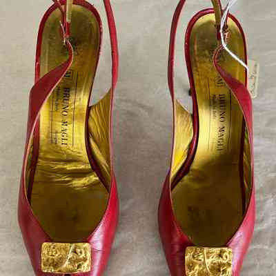 Red Leather Peep Toe Slingback w/ Gold Buckle