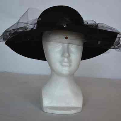 Felt wide brim hat with tulle and rhinestone veil
