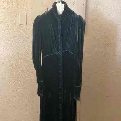 Self button front long sleeve velvet floor length dress with fitted bodice and collar