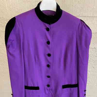Purple military style dress with velvet trim
