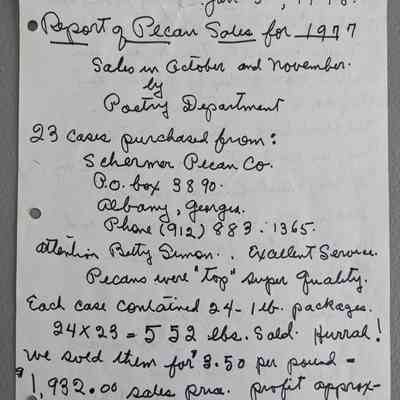 Report of Pecan Sales for 1977 by Poetry Department: Letter to Mrs. Florence Hussey from Beulah Alexander and Gladys Peterson