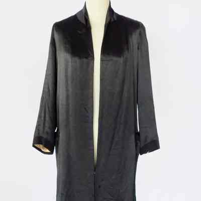 Black silk long sleeve open front coat with crepe trim