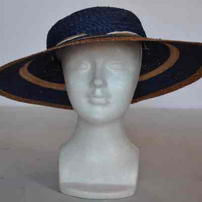 Straw wide brim hat with short crown and contrast woven bands in brim, straw band