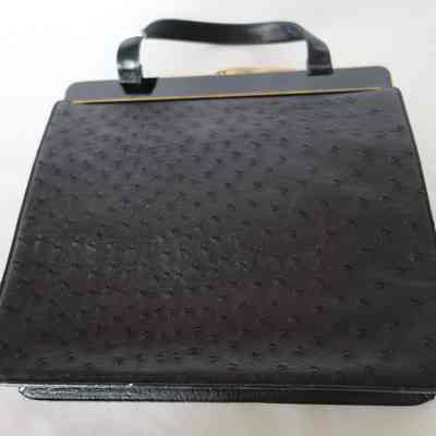 Purse, Black Ostrich with Short Handle and Gold Clasp