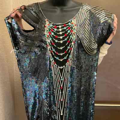 Sequined and beaded asymmetrical short dress