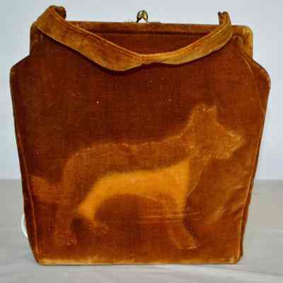 Velvet upright rectangular purse with possible missing dog appliqué