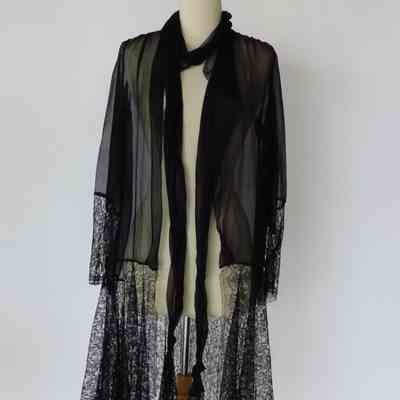 Chiffon open front tie-neck coat with lace cuffs and skirt