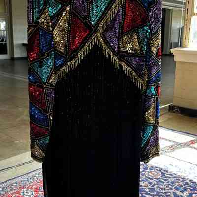 Geometric Beaded Cocktail Dress, Long Sleeve
