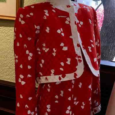 Dotted jacquard with white petals dress and matching cropped jacket