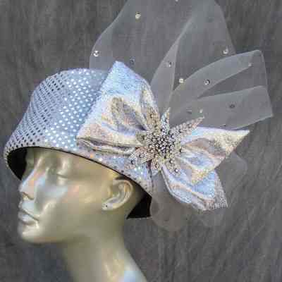 Silver hat with large silver bow, beaded star and crystal studded tulle