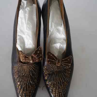 Leather Brown Pump with Beading, Bow and Sequins on Front