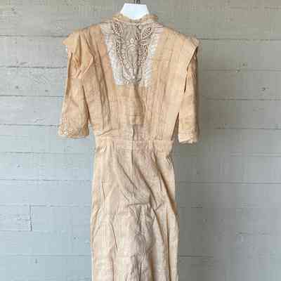 Long dress with pleated bodice, lace yoke, lace trim at neck, overskirt, back closure