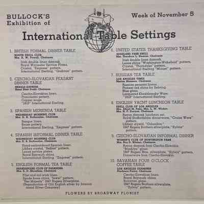 Bullock's Exhibition of International Table Settings. November 5, 1934: Entry #8 English Yacht Luncheon Table by Ebell of Los Angeles