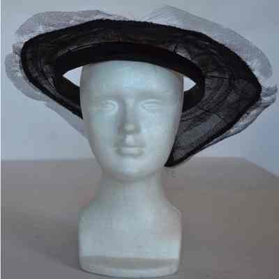 Open crown hat with netting on brim and sequin embellishment